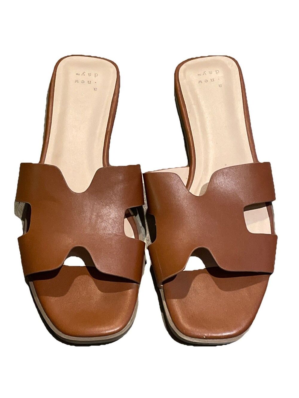 A New Day Cognac Brown Faux Leather Slide Sandals Women’s 9 Flat Slip-on